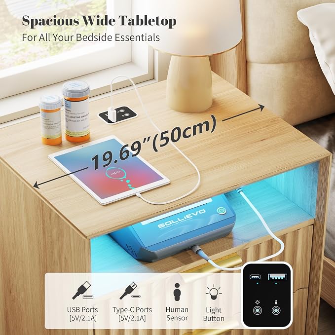 20“ W Fluted LED Nightstand with Charging Station, RFID Lock, Wood | Bedside Table with Hidden Drawer, 2 Drawers, Open Cubby, Motion Sensor, USB and Type-C Ports, Night Stand for Bedroom