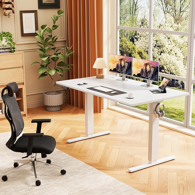Sweetcrispy Electric Standing Desk, Computer Desk, 48x24 Inch | Adjustable Height, Splice Wood Board, 3 Memory Preset, Sit Stand Work Table for Home Office, White