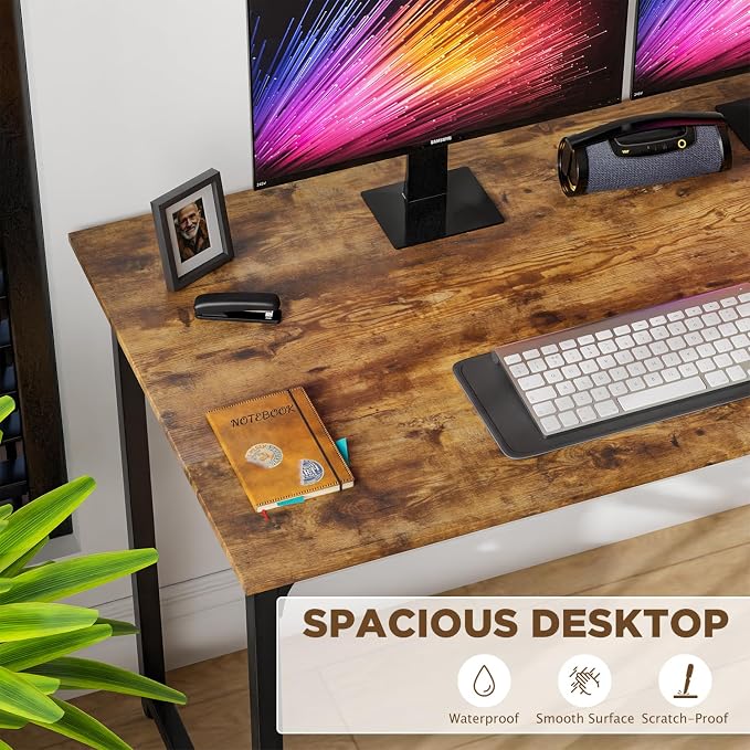PayLessHere | 47 Inch Computer Desk | Brown | Sturdy Office Desk | Metal Frame, Adjustable Feet | Water-Resistant, Scratchproof Surface | Writing Table for Home Office or Study | Pack of 1