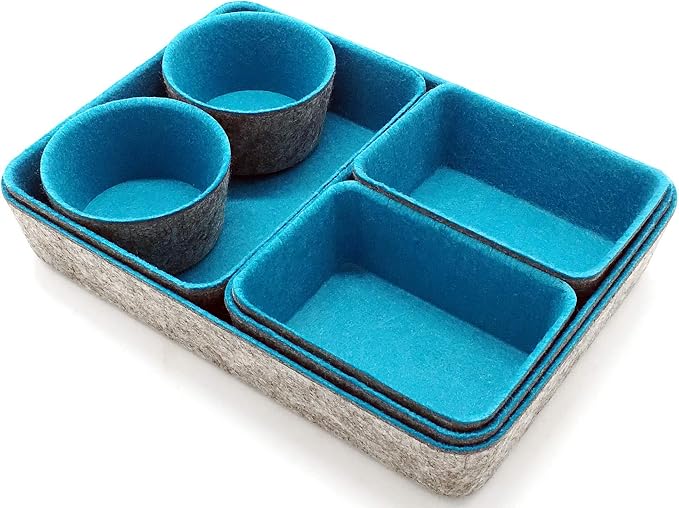 Drawer organizers bins felt tray desk storage bins dividers small organizing box for office supplies closet cabinet makeup holder Fall room decor 7-piece (Turquoise)