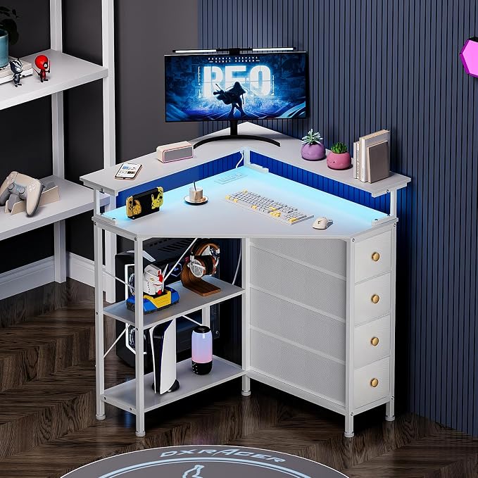 VENNQD Corner Desk with Drawers Shelves for Small Space 90 Degrees Triangle Computer Desk with Power Outlets,Gaming Desk with LED Lights Monitor Stand for Home Office Workstation Writing Table (White)