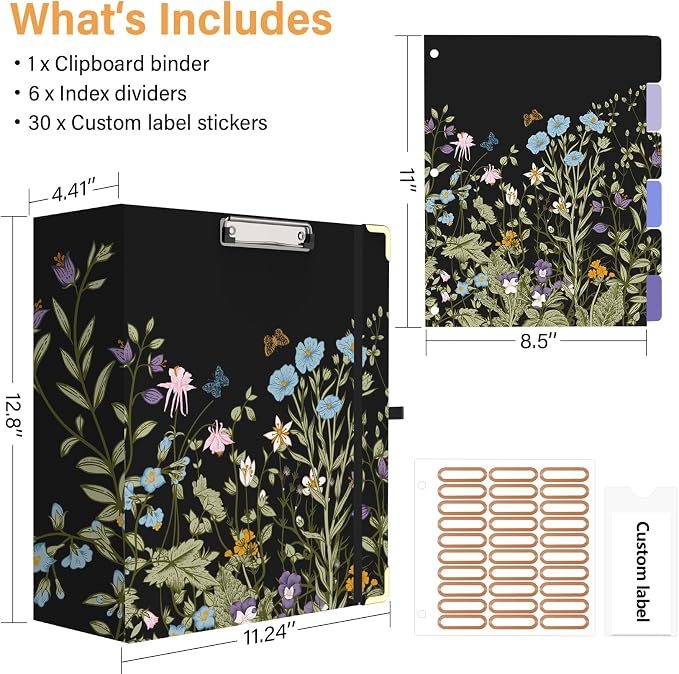 3 Ring Binder 3 Inch Ring, 2 Interior Pockets, 5 Tab Dividers, Low Profile Clipboard with Storage, Floral Cute Binder and Labels Stickers for School Office-Blue Florals-Wild Flower