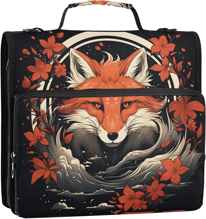 MNSRUU 3 Ring Binder Bag, 2 Inch D-Rings Easily Organizes 1 Inch Fits Letter Sized Paper, Fox and Flowers Large 3 Hole Zipper Binder Organizer for School Office Supplies