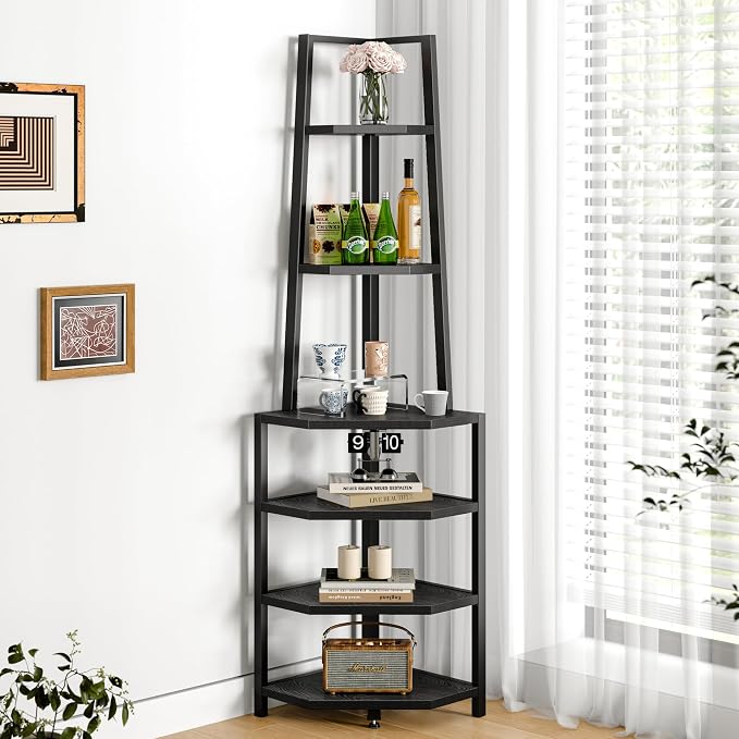 VECELO 6 Tier Corner Shelf 69 Inch Industrial Bookshelf with Metal Frame, Multipurpose Tall Plant Stand with Opening Display Shelves for Living Room, Bedroom, Home Office, Small Space, Black