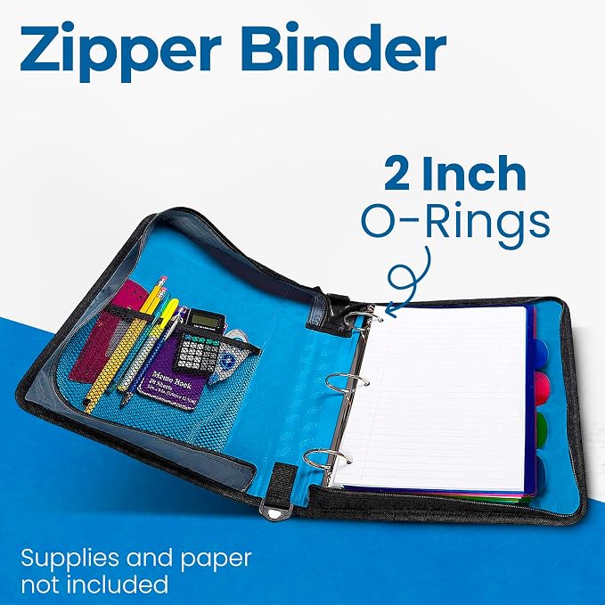 Case-it School Zipper Binder | 2" O-Rings | 350-Sheet | D-251 Denim Blue | Classic, Multiple Storage Pockets, Shoulder Strap, School & Office Organizer