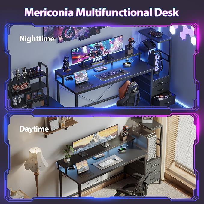 52 inch Gaming Desk with Drawers, Reversible Computer Desk, Black | Gamer Desk with LED Lights, Power Outlets & Monitor Stand, Large Office Table for Home Bedroom Study Work Writing
