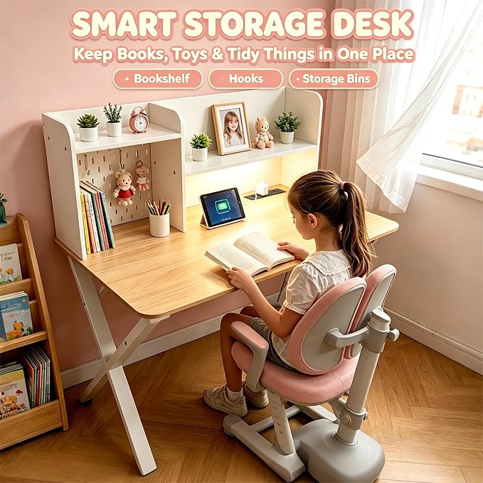 Lightdot 44"×24" White Computer Desk with Motion Sensor Light, Home Office Gaming Desk with Charging Station Pegboard, Modern Study Desk for Work Bedroom Game Kids Room Living Room