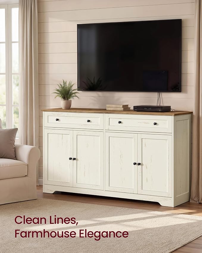 VASAGLE Siren Collection - Buffet Cabinet, Farmhouse Coffee Bar Cabinet with 2 Drawers, Adjustable Shelves, 4 Doors, Sideboard, 15.8 x 55.1 x 31.5 Inches, Rustic White and Honey Brown ULSC541WJ01S