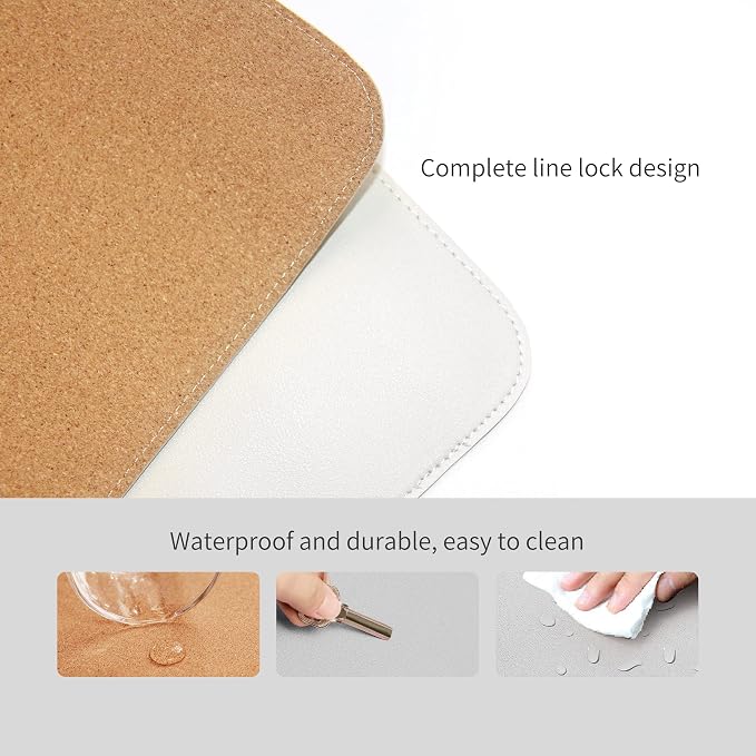 RENMTURE Dual-Sided Mouse Pad, Natural Cork & PU Leather Large Desk Pad for Office and Home Work, Desk Protector Non-Slip, Waterproof, Easy Clean (White, 36"x17")