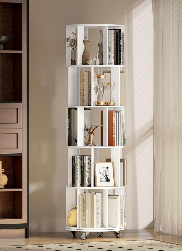 5 Tier 360° Rotating Bookshelf with Larger Capacity, Adjustable Small Space Bookcase on Wheels, Revolving Round Bookshelves, Tall Storage Book Shelf Tower for Bedroom Office Kids Room (White)