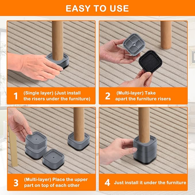 shouwuhho 9 Pack Furniture Risers Adjustable Bed Risers Heavy Duty Lifts Height 1", Square Stackable Bed Risers 1, 2 or 3 Inch for Desk Leg Table Couch Sofa Chair Bed Frame Legs Dorm, Gray