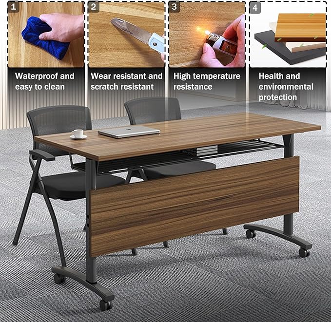 Conference Table,Mobile Conference Room Tables with Wheels,Folding Lip Top Meeting Room Tables,Modern Modular Seminar Training Table,Foldable Stackable Rolling Confernece Tables for Office(8