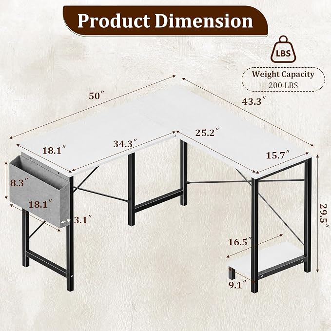 Corner Desk, L Shaped Gaming Desk with Storage Pocket and CPU Stand, White | 50 Inch Work Desk for Home Office, Small Corner Study Writing Table with Sturdy Metal Frame, Writing Workstation for Bedroom