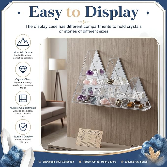 Cinnvoice Rock Display Case 30 Grids,Transparent Border,Mountain Style | Adjustable Acrylic Display Case, Crystal Organizer for Collectible, with Built-in Mirrored, Magnetic Door, Wall Mount