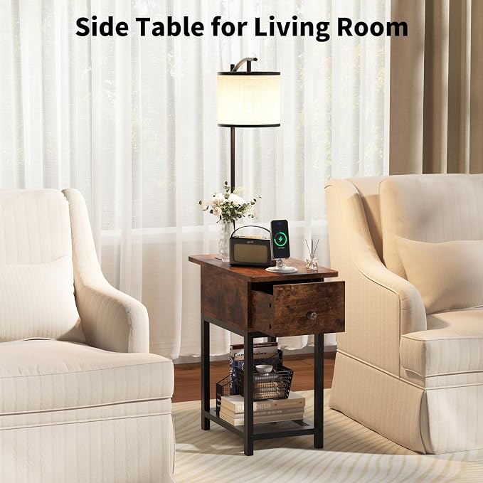 runjuly Floor Lamp with Table, Narrow Side Table with Charging Station | Wood Drawer, Built in Type-C and USB Port, Light Attached Nightstand, End Table for Living Room / Bedroom, Rustic Brown