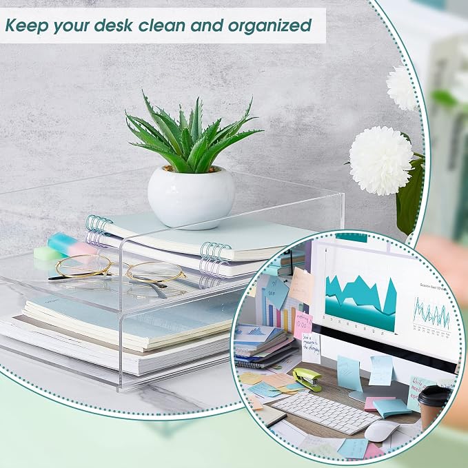 2 Pcs Acrylic Desk Organizers and Accessories Tier Paper File Organizer Tray Stackable Document Clear Desk Accessories for Office Workspace Organization (12.01 x 9.25 x 2.68 Inch)