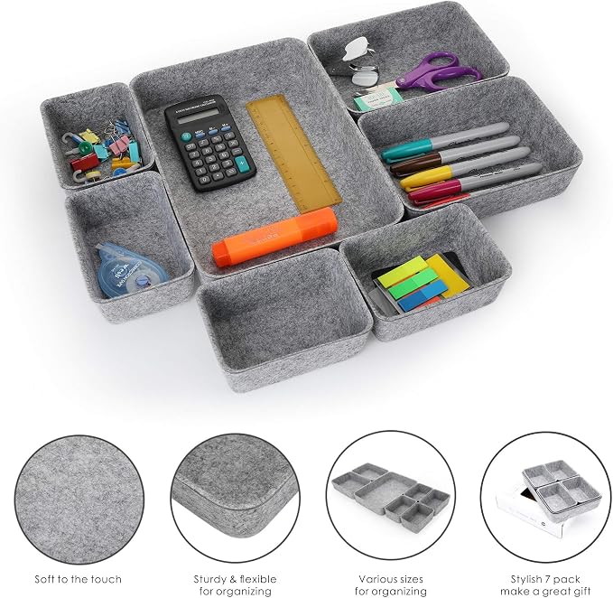 7pc Felt Desk Drawer Organizers Trays Gray Office Home Storage Bins