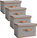 Tuza 4 Pack Storage Bins with Lids, Collapsible Closet Organizer Container, Fabric Organizer Box with Handles, Decorative Storage Boxes with Lids for Organizing Clothes, Sheet, Light Grey, Extra Large