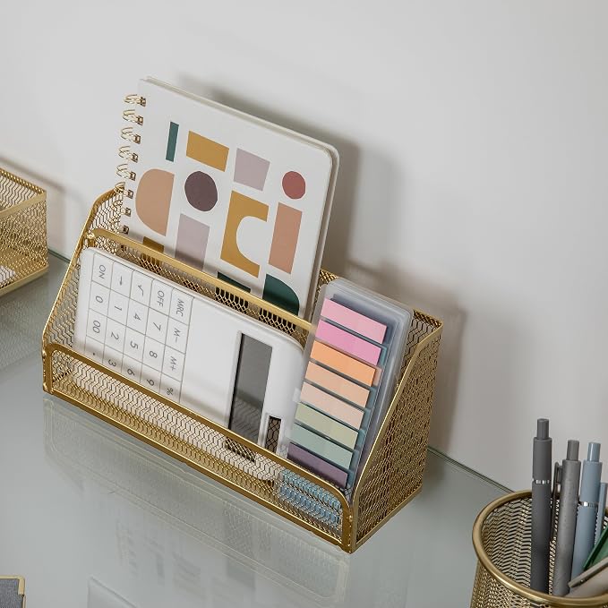 Martha Stewart Ryder 6-Piece Mesh Metal Desktop Organizer Set, Gold | Steel Mesh, Gold Finish