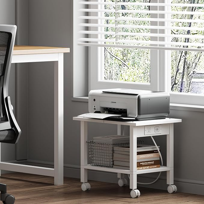 TUTOTAK Printer Stand, 2 Tier Rolling Printer Cart with Charging Station | Small Under Desk Printer Table with Wheels for Small Space, Office, Home, White PS01BW001P