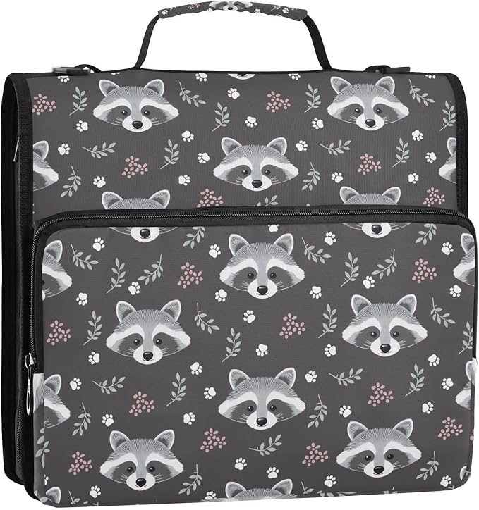 3 Ring Zipper Binder with Shoulder Strap Raccoon Grey 2 Inch Zippered Binder Bag 500 Sheet Capacity Multi Pockets for School Supplies
