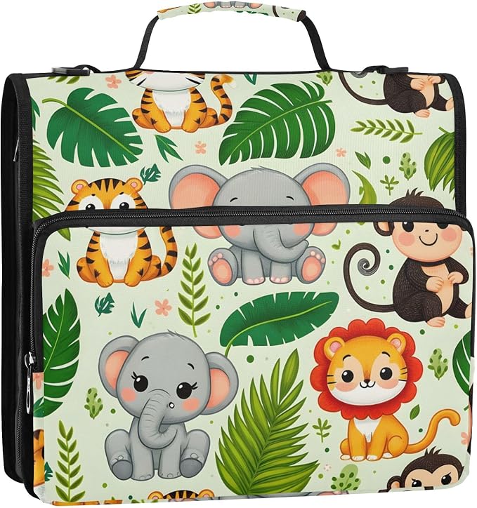3 Ring Zipper Binder with Shoulder Strap Jungle Animals Palm Leaf 2 Inch Zippered Binder Bag 500 Sheet Capacity Multi Pockets for School Supplies