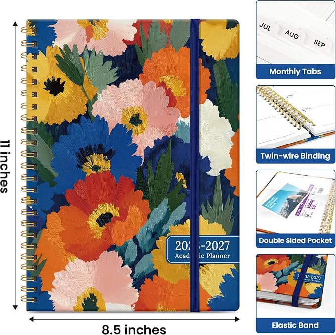 Taja Planner 2026-2027, Jul 2026-Jun 2027 Monthly & Weekly Calendar Planner | 8.5" x 11", Hardcover Academic Calendar, Teacher Student Agenda Book with Tabs, School Office Supplies, Vivid Petals