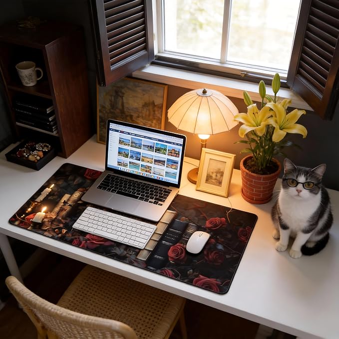 Aesthetic Book Gaming Mouse Pad, Black Red Dark Romanticism Desk Mat with Anti-Slip Base & Stitched Edges,35.4" x 15.7" in Desk Accessories for Women, Home Office Decor & Artistic Gift