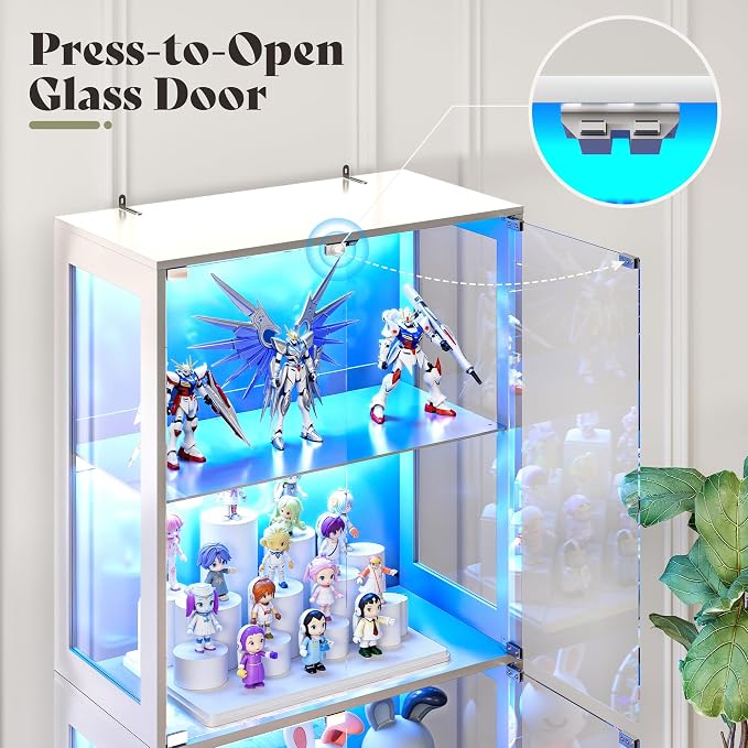 AMERLIFE RGB Display Cabinet, 32 x 16 x 36 Inch | 2-Tier Storage Case with LED Lights, Adjustable Shelves and Press-to-Open Doors, White