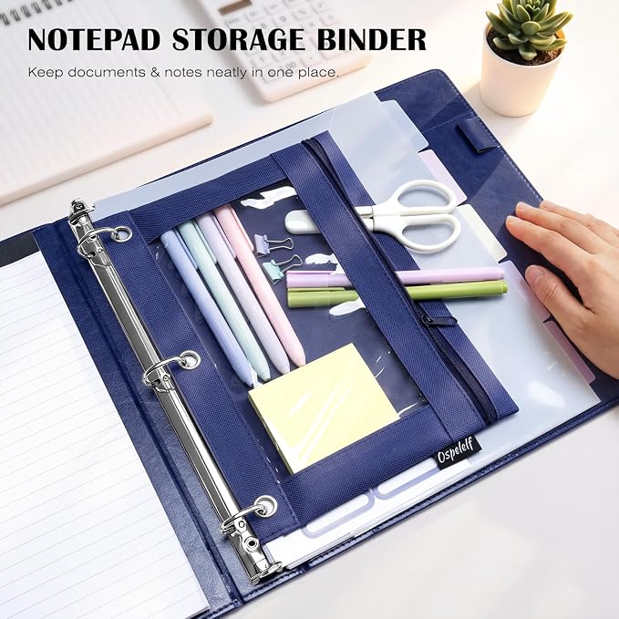 Ospelelf Leather 3 Ring Binder for Letter Size Documents with Durable Pocketed Dividers, Storage Bag & Notepad, 1 Inch Round Rings, Holds 175 Sheets, for Office School Home Organization, Deep Blue