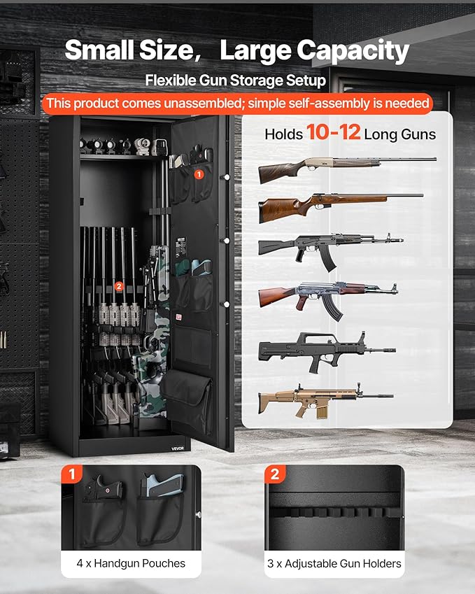 VEVOR 10-12 Gun Safe, Long Gun Cabinet for Rifles and Pistols, Quick Access Rifle Safe with 4 Pistol Pockets and 3 Adjustable Racks, Large Digital Cabinet with Key and Password Lock(Assembly Required)