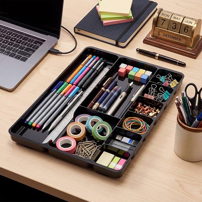 4 Pcs Desk Drawer Organizer Tray 14" x 9" x 1",Black | Shallow Desk Drawer Organizer with 9 Storage Compartments for Home Office Classroom School Organizing Pens Paper Clips