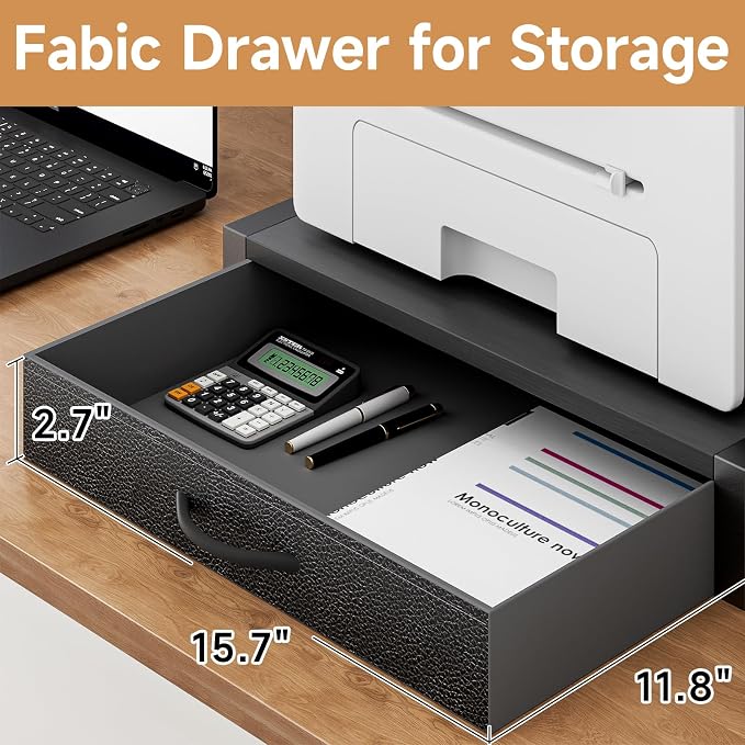 YAOHUOO 2-Tier Desktop Printer Stand with Fabric Drawer,17.3"x11.8" Black | Printer Table with Storage Shelf,Desk Organizer for Home Office,Fit Printer,Fax Machine,Scanner,Space Saving for Two Monitors