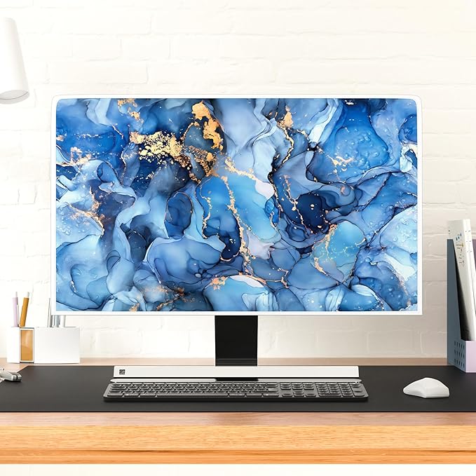 Baocicco Navy Blue Gold Marble Computer Monitor Dust Cover Creative Texture Grain Computer Screen Cover Panel Case Computer Screen Protective LCD/LED/HD 22, 23, 24, 25 Inch Modern HD Monitor Decors