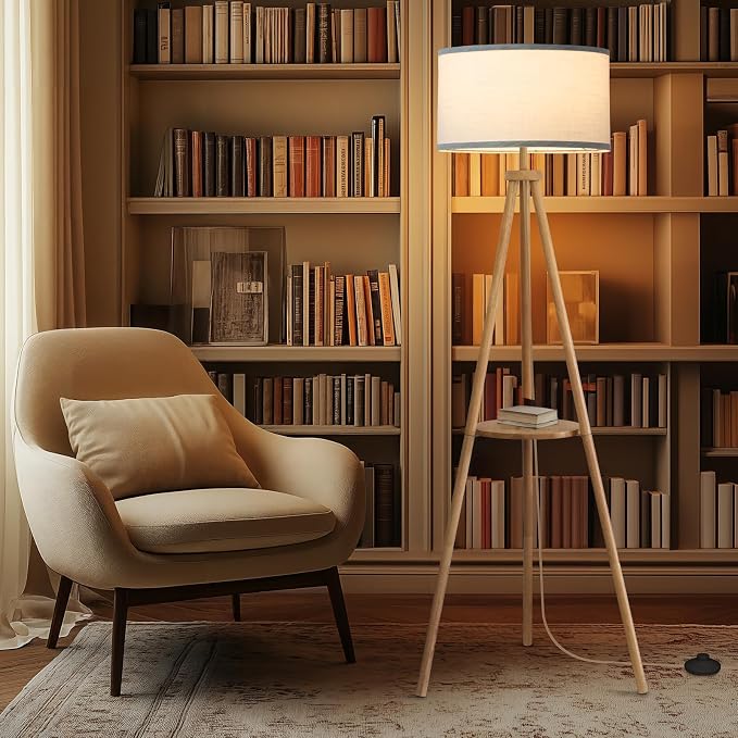 EOEYYOYB Floor Lamp with 3 Light Modes Adjustable– Wood Tripod Floor Lamp Modern LED Standing Lamp with Dimmable Brightness, Perfect for Living Room, Bedroom, and Office, Burlywood