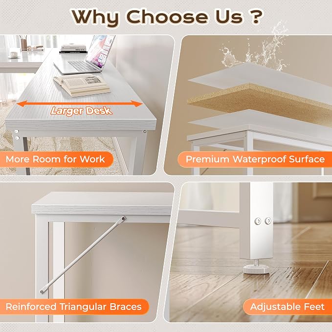 Huuger 63 Inch L Shaped Desk with Power Outlets & 0.95 Inch Thicker Desktop | Reversible Computer Desk, Larger Office Corner Gaming Desk, Metal Frame, for Home Office, Study, White