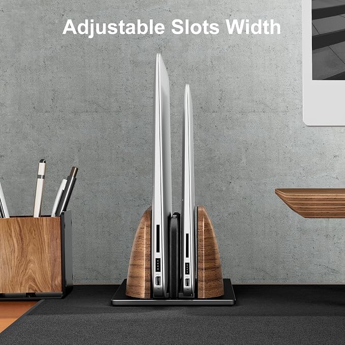 UPERGO Vertical Laptop Stand Holder, Wood Headphone Stand, Desk Organizer with Pen Holder
