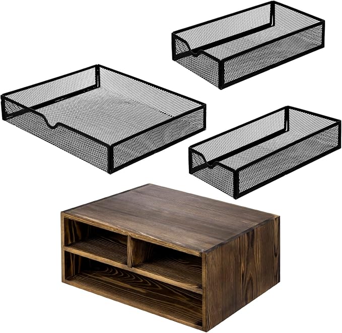 MyGift Rustic Burnt Brown Solid Wood Desktop Organizer Box with 3 Removable Black Metal Mesh Trays, Office Desk Supplies Storage Drawers for Accessories