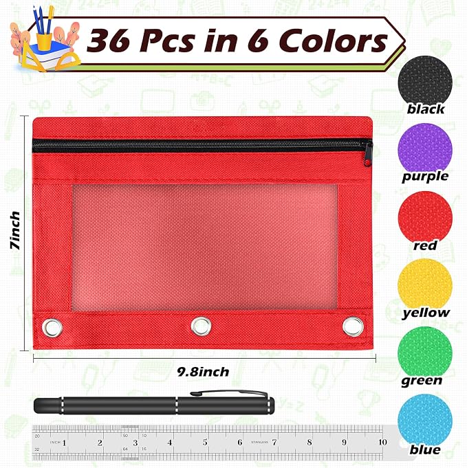 Pencil Pouch for 3 Ring Binder, 36 Piece Bulk 3 Holes Zipper Pencil Pouches in 5 Assorted Colors, Clear Durable Pencil Case for School, Classroom, Office Supplies