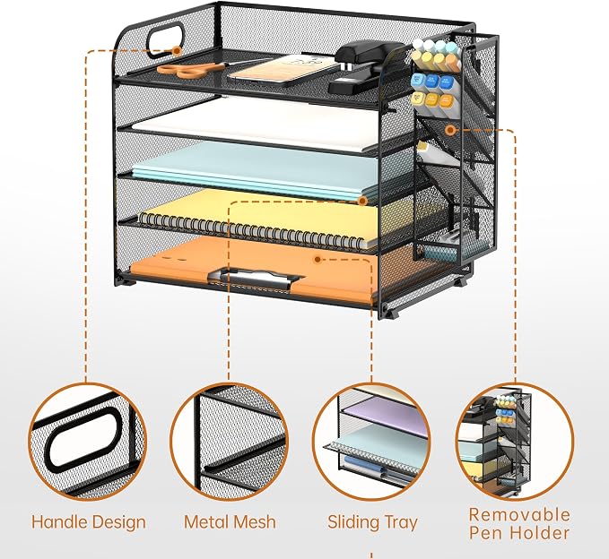 5-Tier Paper Organizer for Desk with Pen Holders, Letter Trays, Black | Metal Mesh Desktop File Organizer with Removable Trays and 2 Handles for Paper, Files, Mail, Folders in Office Home or School