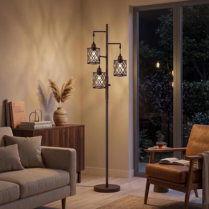 73" Dimmable Farmhouse floor lamps for living room, Industrial Tree Floor Lamp with 3 X 6W LED Bulbs, Stepless Dimming, Metal Cage Shades, 3 Light Rustic Standing Tall Lamp for Bedroom, Office, Brown