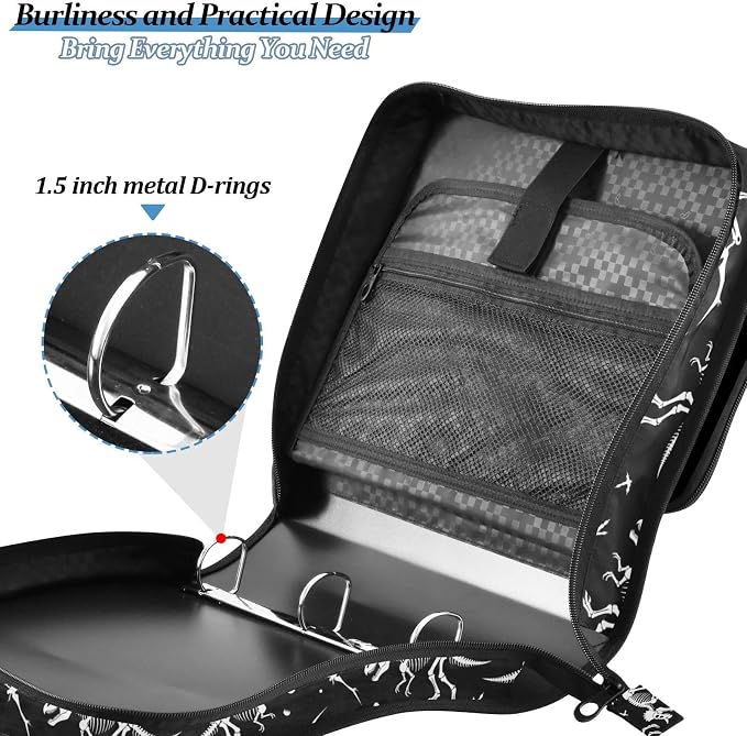 Custom Dinosaur Skull Black Pattern 3 Ring Zipper Binder with Shoulder Strap & Handle 1.5 Inch D-Ring Zippered Bag with Multiple Pocket, Personalized Binder Organizer for School or Office
