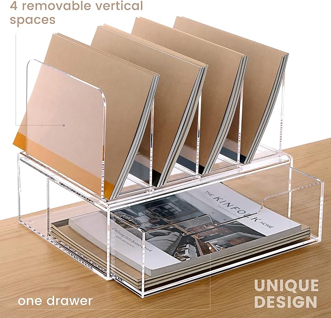 HeZone Desk Organizers and Accessories, Acrylic Desk Organizer with Drawer, Office Supplies Organization Storage, Clear Acrylic File Organizer for Desk - 1 Pack