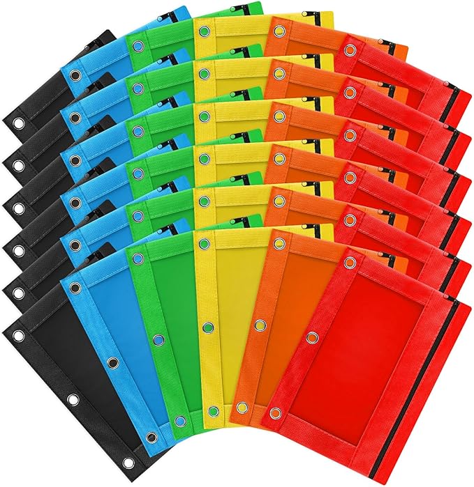 Pencil Pouch for 3 Ring Binder, 36 Pack Zipper Pencil Pouches/Case in Assorted Color, Durable Binder Pencil Pouch/Bag for Office School Supplies (6 Colors)