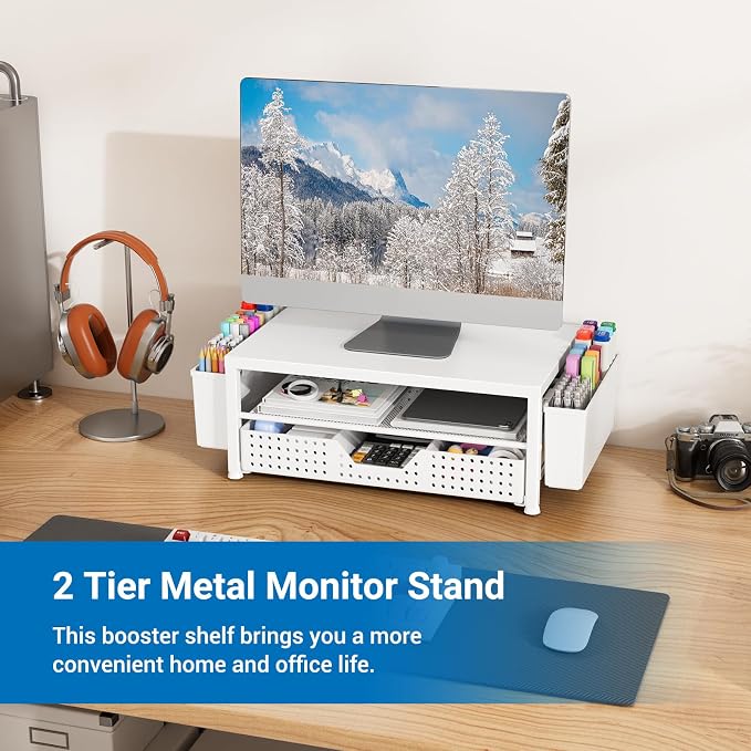 Wood Metal Monitor Stand Riser, Laptop Stand for Desk, Office Desk Organizer and Accessories, Computer Desktop Shelf with Drawer and Pen Holder, Printer Stand for Home, Office, Dorm (White Wood)