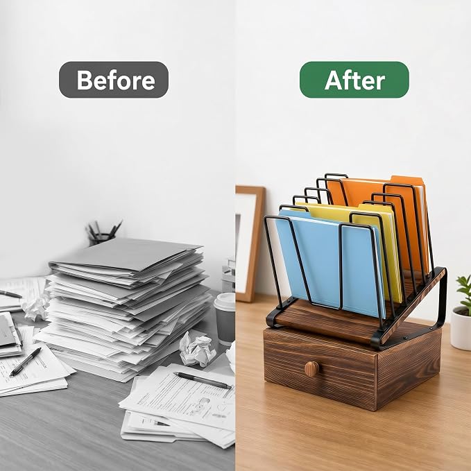 5-Section Wooden Inclined Desktop File Organizer with Storage Drawer | Metal Inclined Desk File Holder,Multifunctional Folder Organizer for Office Home School Classroom Workspace