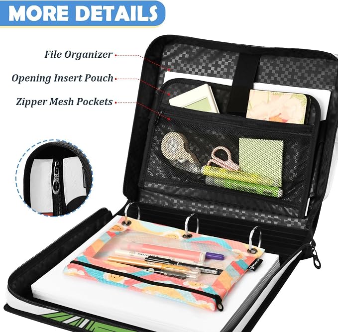 Excavator Truck Zipper Binder File Organizer Bag 3 D-Ring | with Shoulder Strap, Holds 500 Sheets & 14in Laptop, 3 Ring Binder for Office Supplies