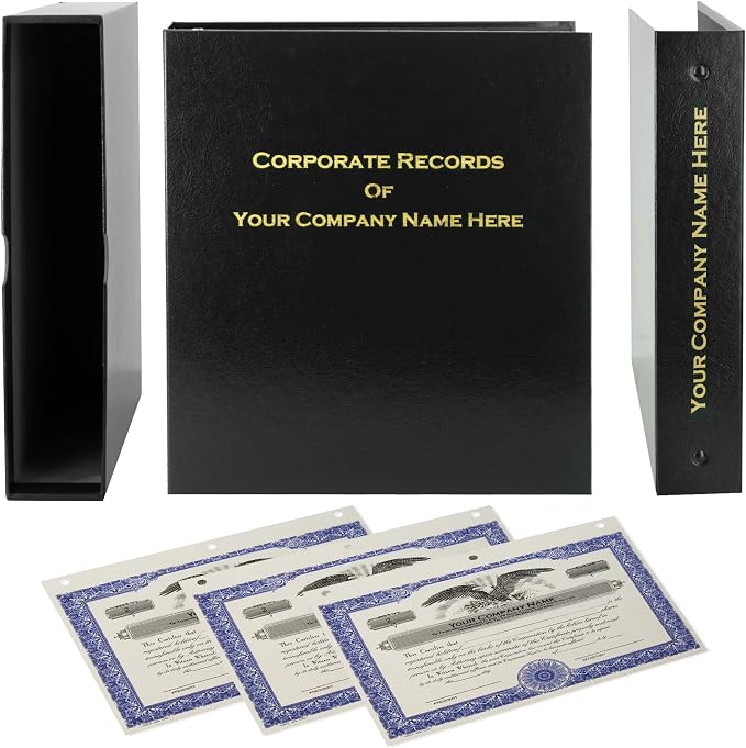 Corporate Kit (Black) - Binder, Slipcase, Minutes & Bylaws, Stock Certificates with Stubs & Customizable Index Tabs
