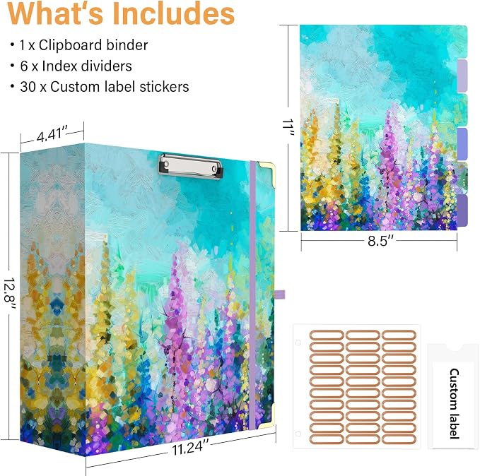 3 Ring Binder 3 Inch Ring, Three Ring Binders for Letter Size 11" x 8.5" with 6-Tab Dividers, 2 Pockets, Binder with Clip for School and Office Supplies-Purple Oil Painting