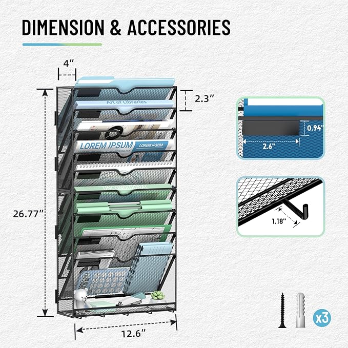 10-Tier Wall File Organizer with 5 Hooks, Wall Mounted Mail Organizer | File Holder Organizer, Metal Mesh Office Wall Organizer for Home, School & Classroom